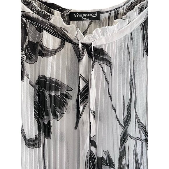 Temptation Italy Pleated Maxi Dress Flowy Asymmetrical Romantic Black & White L - Picture 3 of 9